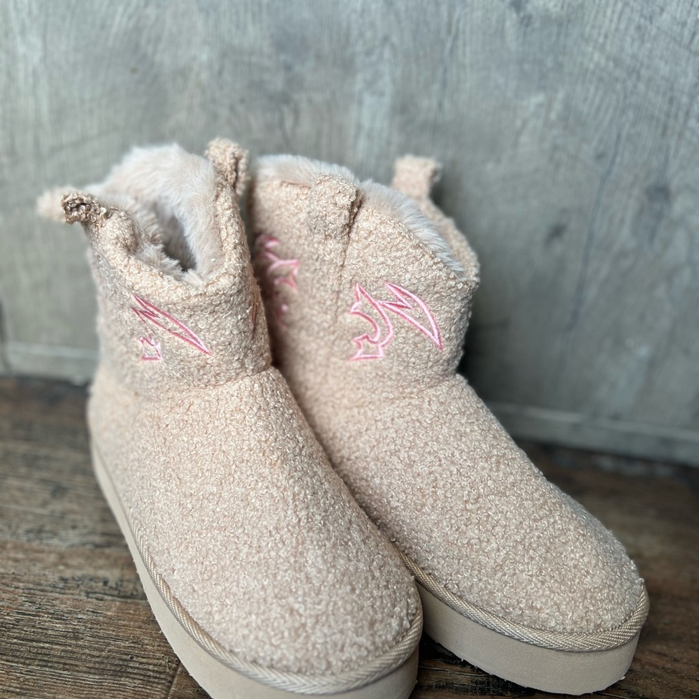 Pink Lily Beige Sherpa Platform Ankle Boots with Pink Stitching